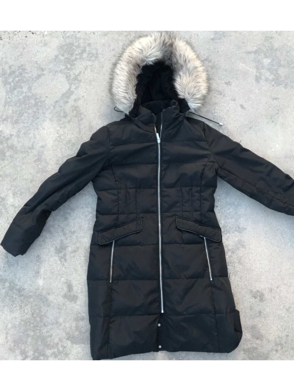 DKNY Women's Tan Faux-Fur-Trim Black Hooded Warm Puffer Coat Size Medium